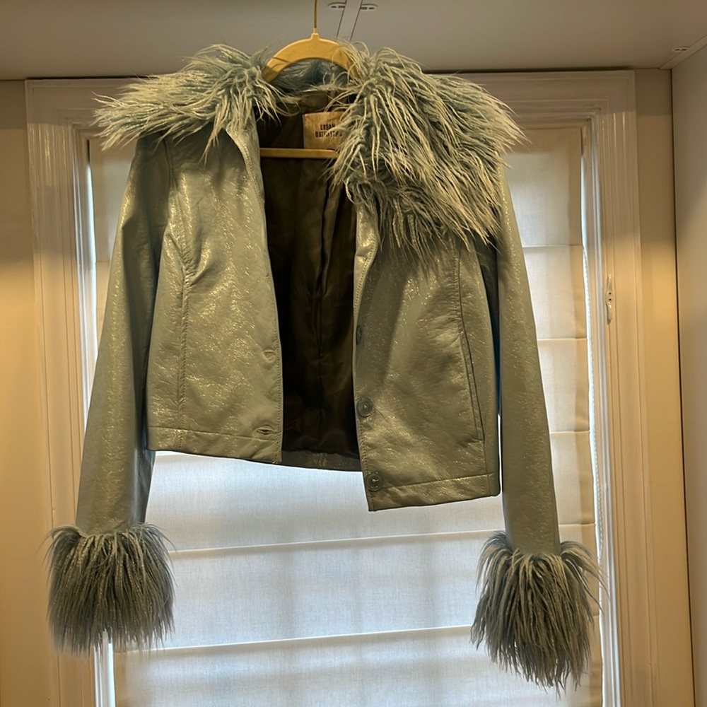 Blue urban outfitters faux leather coat NWOT
